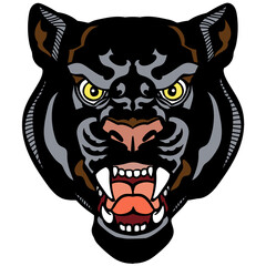 head of the panther. Aggressive black leopard. Front view tattoo style vector illustration