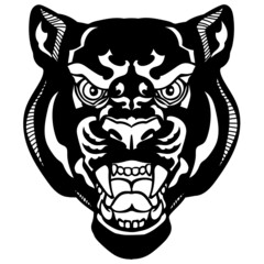 head of the panther. Aggressive black leopard. Front view tattoo style vector illustration