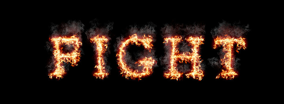Word fight burning with fire and smoke, digital art isolated on black background