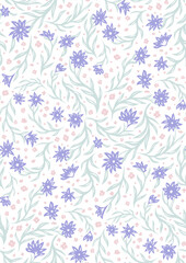 Vector seamless pattern with delicate small purple and pink flowers on stems on a white background. Natural texture with Ditsy for fabrics.