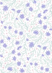 Behang Vector naadloos patroon met delicate kleine paarse en roze bloemen op stengels op een witte achtergrond. Natuurlijke textuur met Ditsy voor stoffen. © veleri_kz