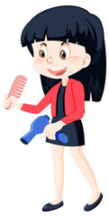 A girl holding hairdressing tools on white background