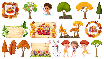 Set of four seasons trees and nature objects