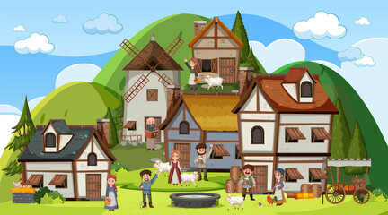 Obraz na płótnie Canvas Medieval town scene with villagers