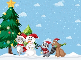 Christmas theme with snowman and animals