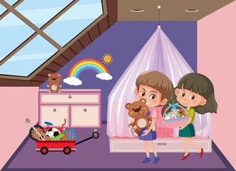 Pink bedroom scene with cartoon character