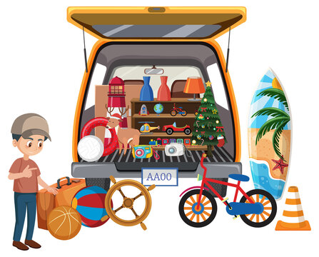 car trunk full of items, boy pointing clip art preview
