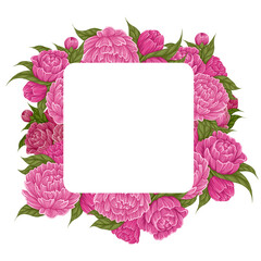 Vector square frame with lush cartoon peony flowers with foliage and copy space. Natural border with floral bouquet and place for text.