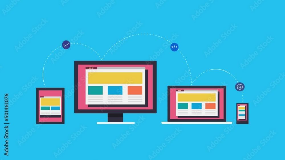 Poster responsive web site on desktop, laptop, mobile and tablet device - conceptual communication technolo