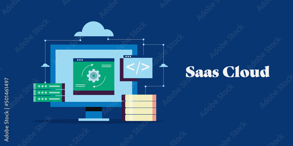 Aufkleber saas - software as a service, cloud computing technology conceptual web banner.