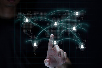 Metaverse virtual reality, augmented reality technology world connection. Man touch virtual screen connect people around the world