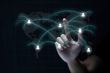 Metaverse virtual reality, augmented reality technology world connection. Man touch virtual screen connect people around the world