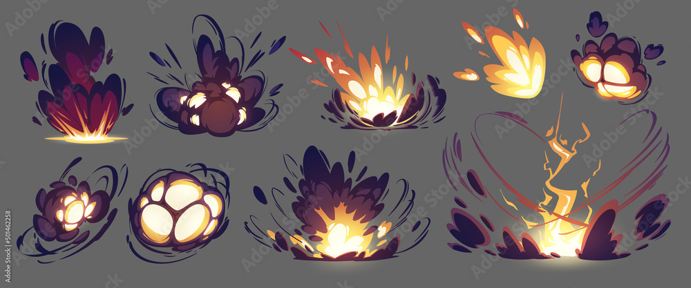 Poster bomb explosion, rocket hit animation effect. vector sprite sheet of blast with fire and black smoke 
