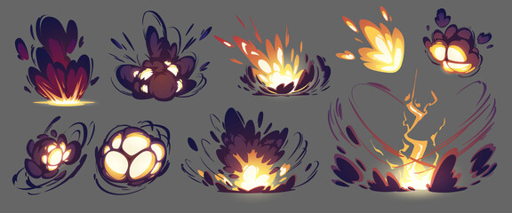 Bomb explosion, rocket hit animation effect. Vector sprite sheet of blast with fire and black smoke clouds. Cartoon illustration of burst with flame and flash isolated on background - obrazy, fototapety, plakaty
