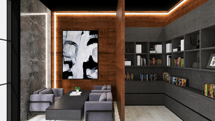 Projekt wnętrz, wizualizacja pomieszczenia, nowoczesny pokój z ledami - obrazy, fototapety, plakaty