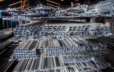 Aluminum pipe products for various needs in a warehouse in an aluminum processing factory.