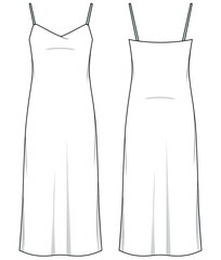 Camisole dress technical illustration. front and back apparel template. Women's slip dress CAD mockup.