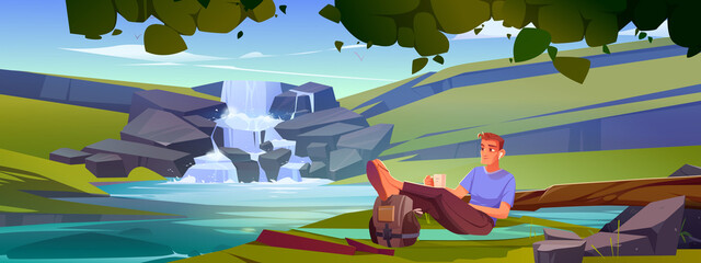 Man tourist relax at nature landscape with waterfall. Cartoon male character resting on mat with cup of coffee in hands and legs lying on backpack listening music via headphones, Vector illustration