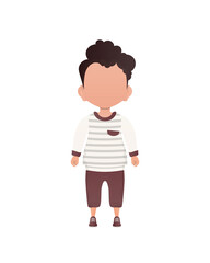 Dark-haired little boy, preschool age in a sweater and shorts. Isolated on white background. Vector illustration in cartoon style.