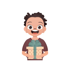 A small boy child is depicted waist-deep and holding a gift in his hands. Birthday, New Year or holidays theme. Cartoon style isolated on white background.