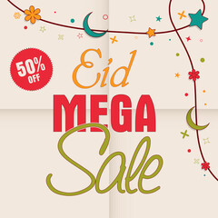 Eid Mega Sale Poster Design With 50% Discount Offer Label, Crescent Moon, Stars And Flowers Decorated On Beige Background.