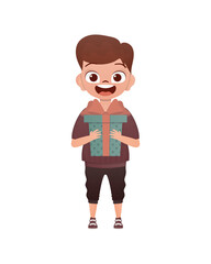 A small boy of preschool age is depicted in full growth and holds a box with a bow in his hands. Birthday, New Year or holidays theme. Isolated. Cartoon style.