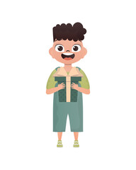 A small teenage boy is depicted in full growth and holds a gift box in his hands. Birthday, New Year or holidays theme. Cartoon style, isolated.
