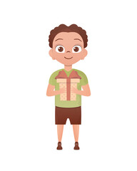 A small teenage boy is depicted in full growth and holds a box with a bow in his hands. Birthday, New Year or holidays theme. Cartoon style isolated on white background.