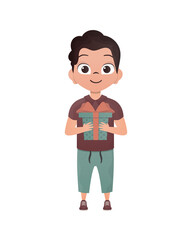 A small teenage boy is depicted in full growth and holds a box with a bow in his hands. Birthday, New Year or holidays theme. Cartoon style, isolated.