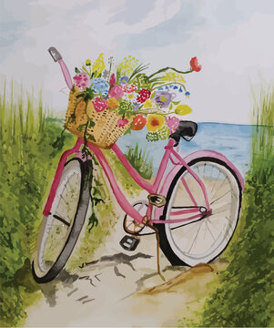 Bicycle Day with Flowers Vector Background, Bike and Floral Hand Drawn Drawing Vector Water Color 