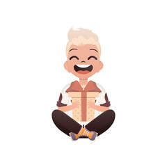 A small boy child is depicted in a lotus position and holds a gift box in his hands. Birthday, New Year or holidays theme. Isolated. Cartoon style.