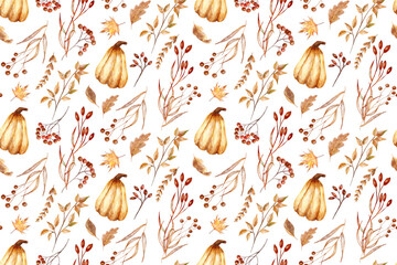 Cute seamless pattern with hand painted pumpkins, leaves, berries, season illustration for halloween harvest on white background
