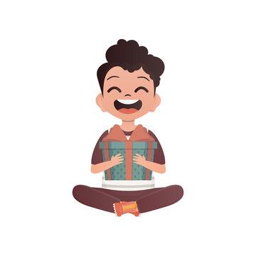 A small boy child is depicted in a lotus position and holds a gift box in his hands. Birthday, New Year or holidays theme. Cartoon style isolated on white background.
