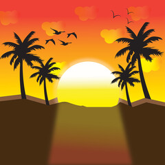 Fototapeta na wymiar Palm trees on sunset with birds