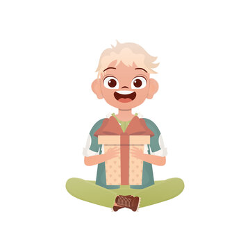 A small boy child is depicted in the lotus position and holding a gift in his hands. Birthday, New Year or holidays theme. Isolated. Cartoon style.