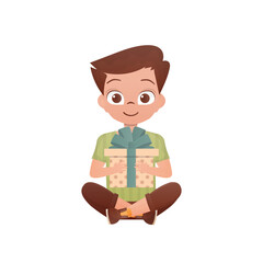 A little boy teenager sits in a lotus position and holds a gift box in his hands. Birthday, New Year or holidays theme. Isolated. Cartoon style.