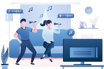Music, karaoke time. Love couple sings songs. Funny characters sings and dancing. Living room interior. People use microphones. Home party, weekend or holiday entertainment.