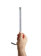 Man's hand holding ruler on isolated white background.