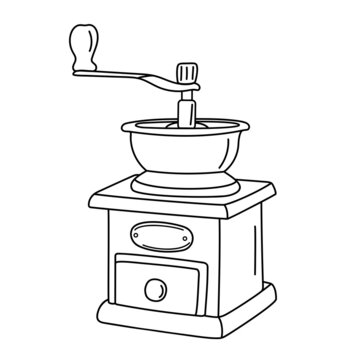 Vector illustration of vintage coffee grinder in doodle style isolated on a white background.
