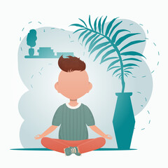 Fototapeta premium Cute little baby boy doing yoga in the room. Healthy life concept. Cartoon style. Vector illustration.