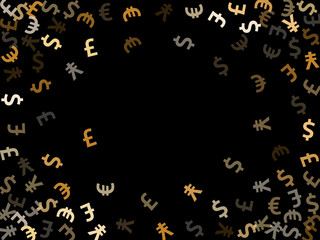 Euro dollar pound yen metallic symbols flying money vector background. Investment pattern. Currency