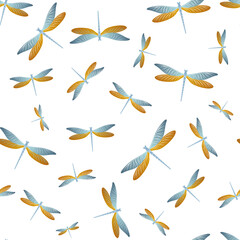 Dragonfly abstract seamless pattern. Summer dress fabric print with damselfly insects. Graphic