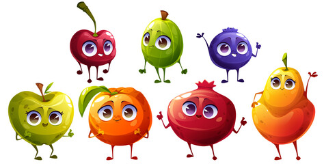 Cartoon fruits and berries characters, cheerful fresh cherry, gooseberry, blueberry and apple, mandarin, garnet and pear, kids menu personages with funny smiling faces waving hands Vector illustration
