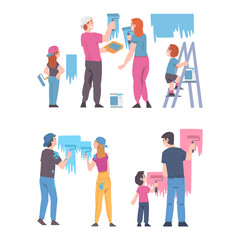 Fototapeta premium Back view of families painting wall with rollers. Parents and children repairing home together cartoon vector illustration