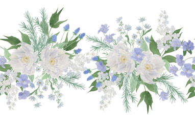 Watercolor painting seamless border with beautiful white and blue flowers