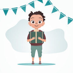 Happy child boy stands and holds a gift with a bow in his hands. Holidays theme. Cartoon style. Vector illustration.