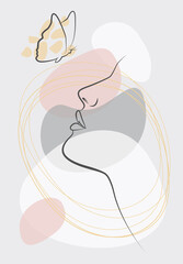 One continuous line drawing an abstract face of a sexy woman with a butterfly. The concept of a minimalist style of a female portrait. Drawing with one line.