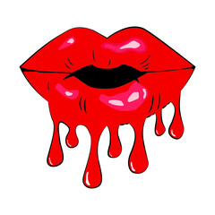 Vector dark red dripping lips melting glossy lipstick design