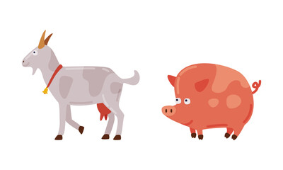 Pig and goat, farm animals cartoon vector illustration