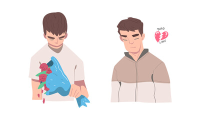 Upset young men with broken heart. Guy with bouquet of flowers feeling sad about relationship problems cartoon vector illustration